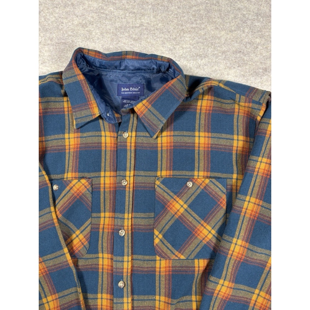 VTG John Blair Mens Plaid Flannel Shirt Jacket Blue Orange Lined Button Up